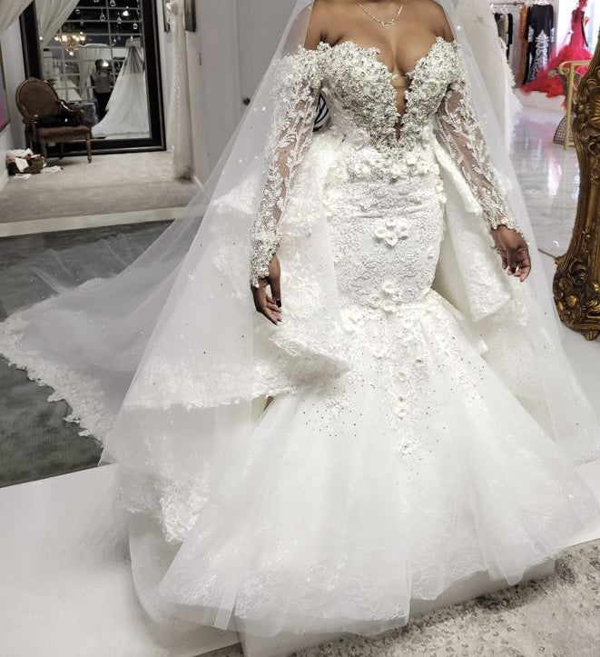 C2025-EA2910 - Off the Shoulder Long Sleeve Bling Beaded Wedding Gown with