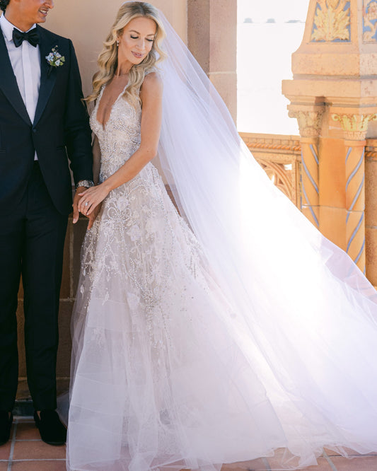 C2025-RA3 - sleeveless v-neck 3D beaded a-line wedding gown