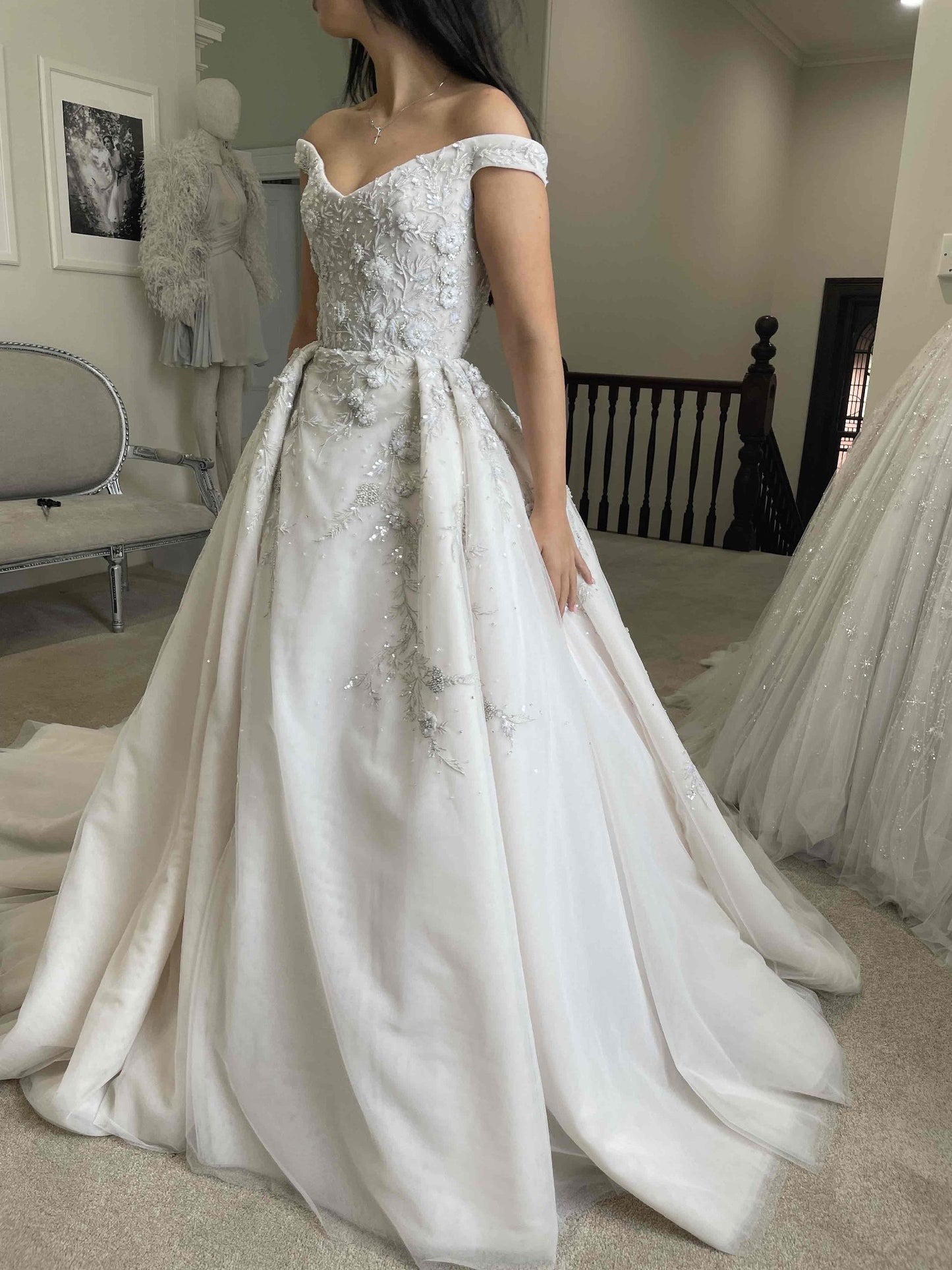 C2025-PS68 - 3D flower beaded off the shoulder wedding ball gown