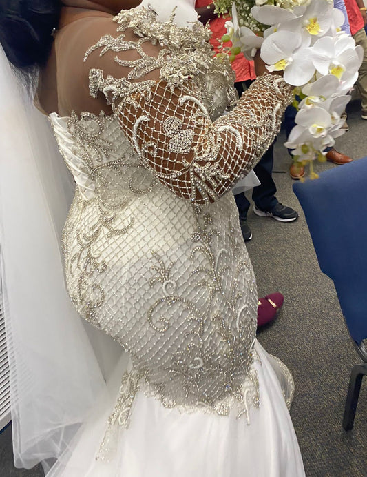 C2025-MPS17 - crystal beaded fit-to-flare plus size wedding gown with sheer long sleeves