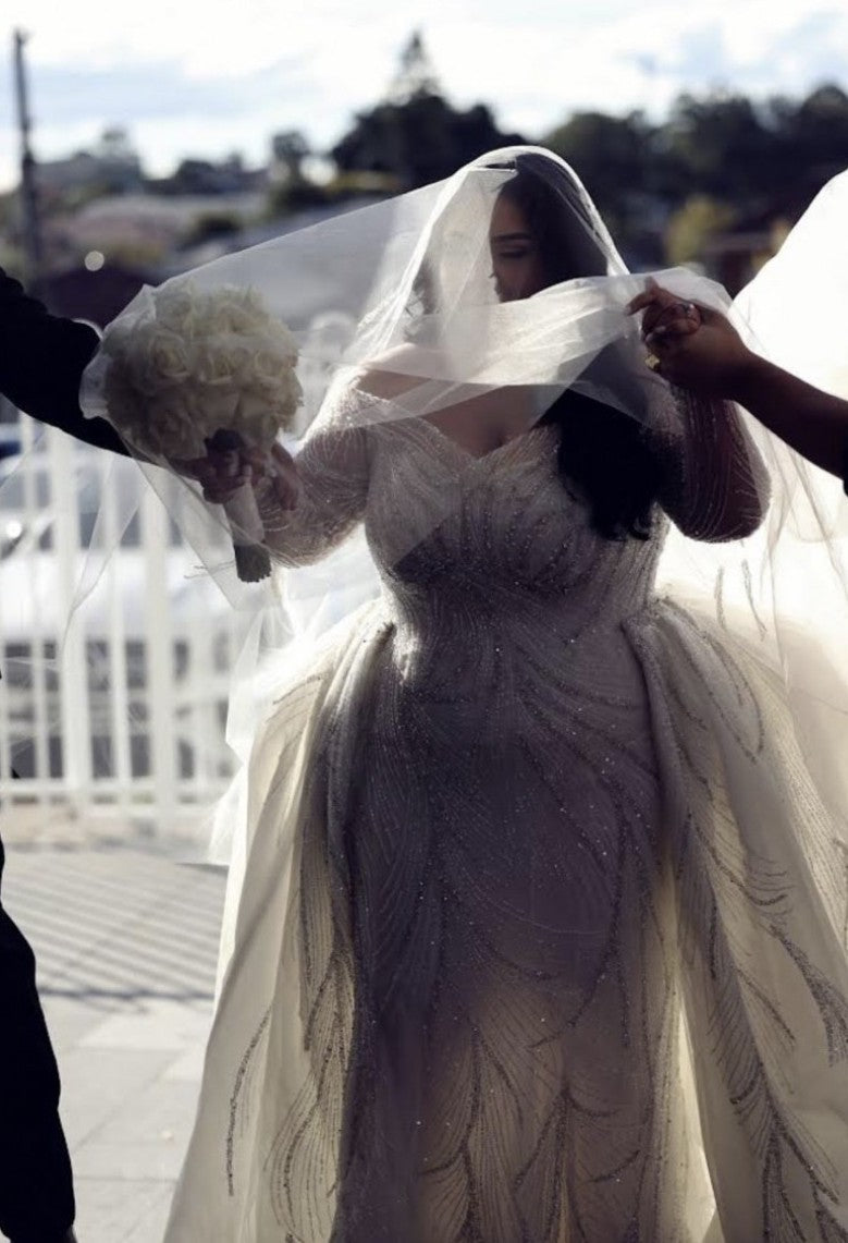 C2025-SK1217 - off the shoulder plus size beaded wedding gown