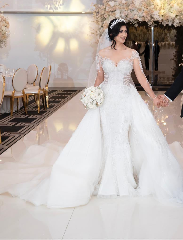 C2023-LS83P - robe de mariée transparente à manches longues et perles avec traîne amovible