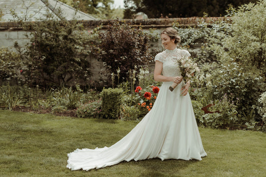 C2023-CSL913 - short cap sleeve beaded lace a-line wedding gown