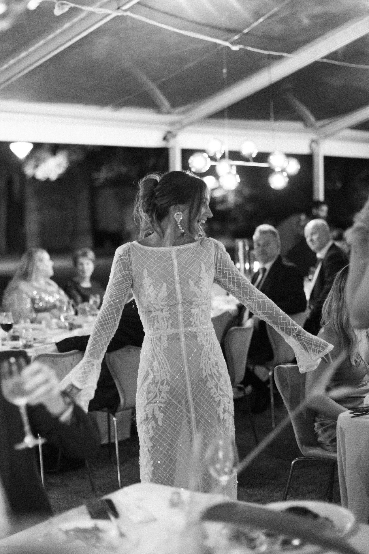 C2023-LSb22 - lattice criss cross beaded long trumpet sleeve wedding gown