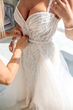 C2023-SS83D - spaghetti strap sweetheart beaded wedding gown with overskirt