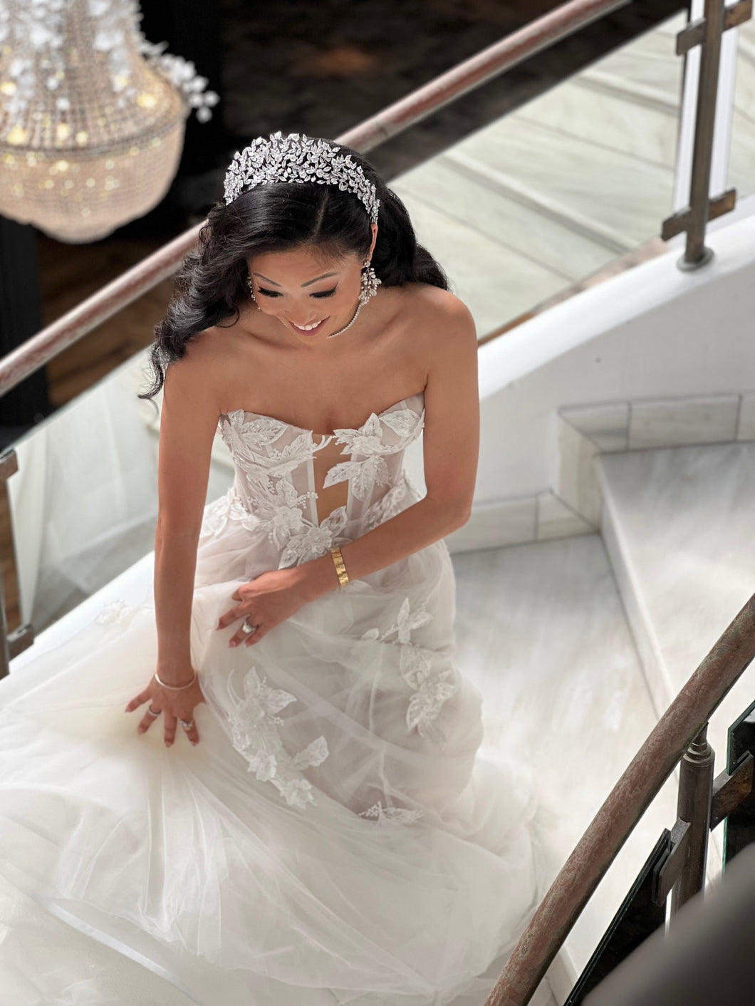 C2023-SC87K - strapless beaded lace detail wedding gown with cathedral train