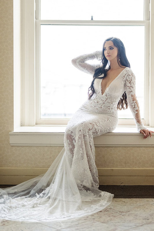 C2023-LSV88b - sexy v-neck beaded wedding dress with long sleeves