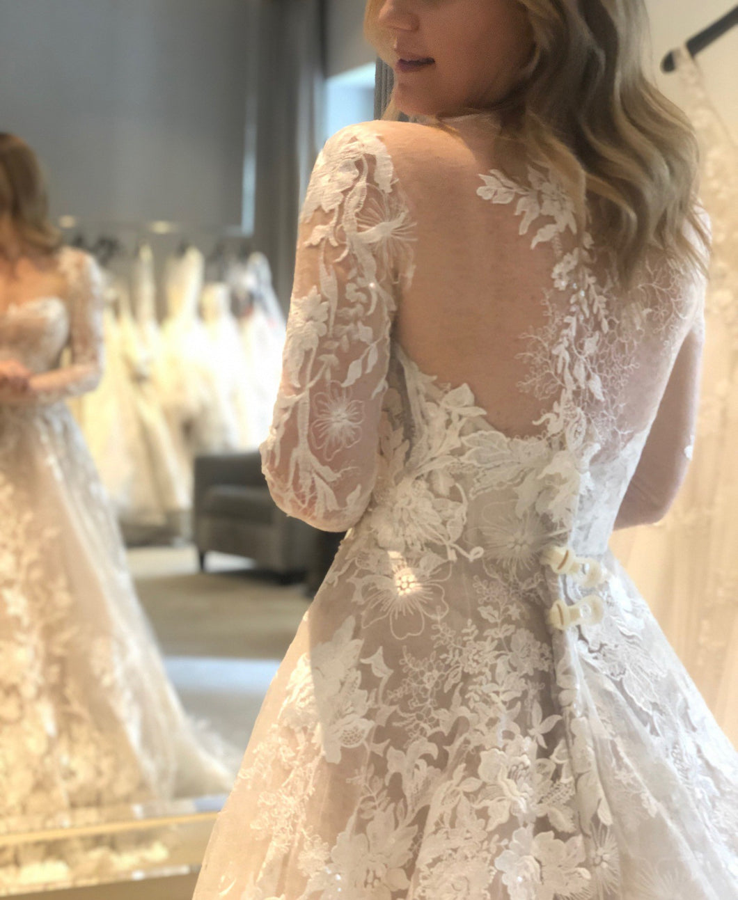 C2023-LSTY7 - Sheer illusion neckline long sleeve a-line wedding gown