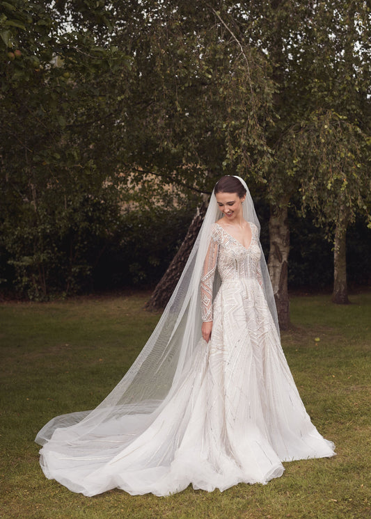C2023-BLS48V - sheer long sleeve beaded v-neck a-line style wedding gown