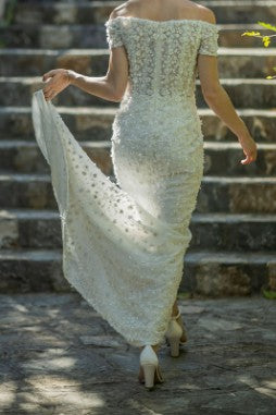 C2023-OSSp29 - off the shoulder beaded sheath wedding gown with split & train