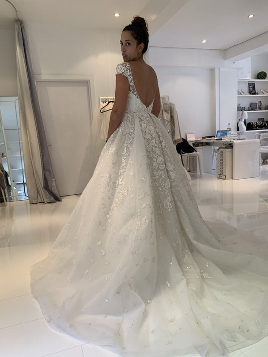C2023-CS553k - short cap sleeve beaded lace wedding gown with overskirt & veil