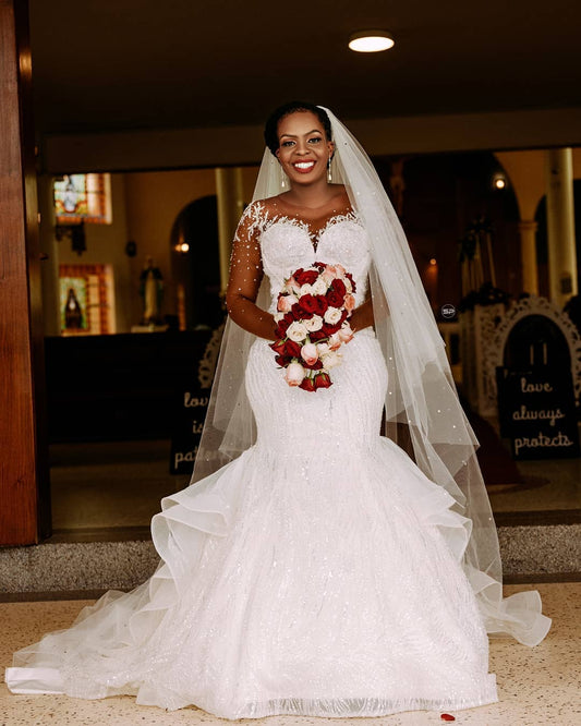 C2023-BG71F - sheer long sleeve beaded fit-and-flare wedding gown