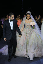 C2023-BG88C - sleeveless scoop neck multi-colored ball gown wedding dress with cathedral train