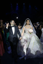 C2023-BG88C - sleeveless scoop neck multi-colored ball gown wedding dress with cathedral train
