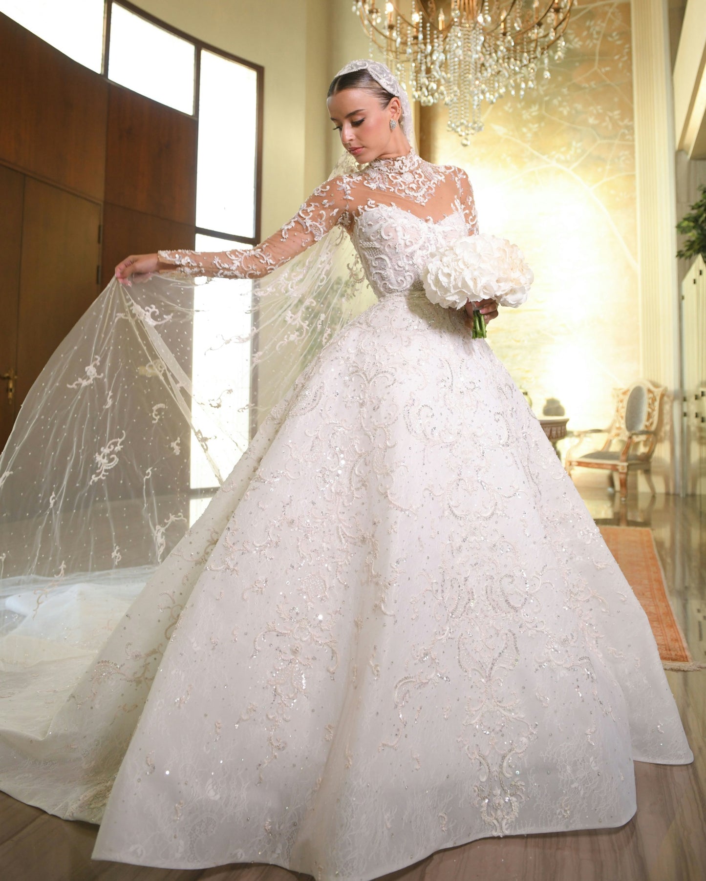 C2023-LSC87 - sheer illusion neckline long sleeve beaded embroidery wedding ball gown