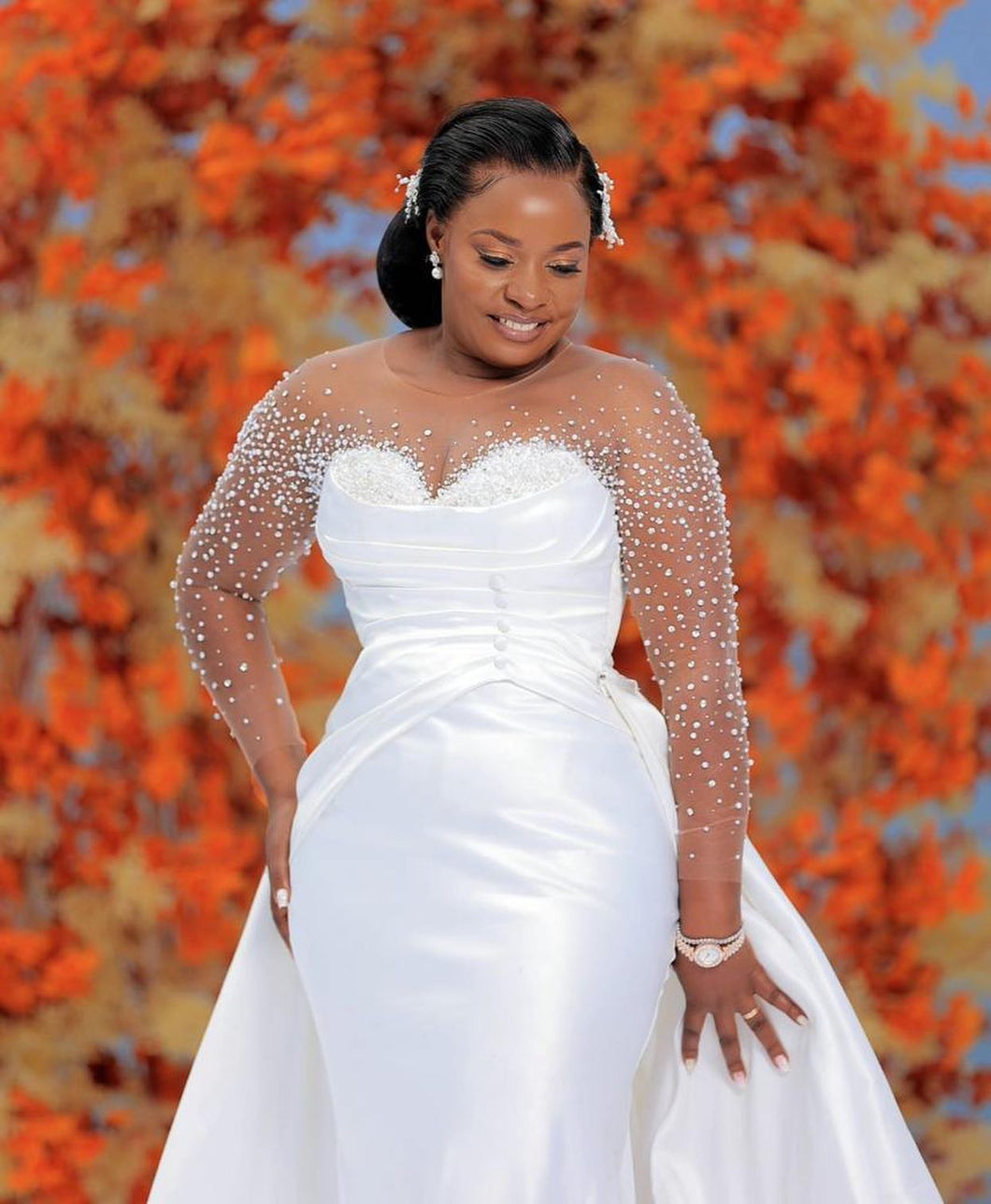 C2023-SLS751b - sheer long sleeve crystal beaded plus size wedding gown with detachable train