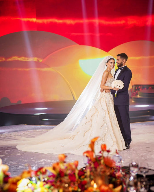 C2023-SG518 - strapless gold and silver beaded wedding dress with detachable ball gown train