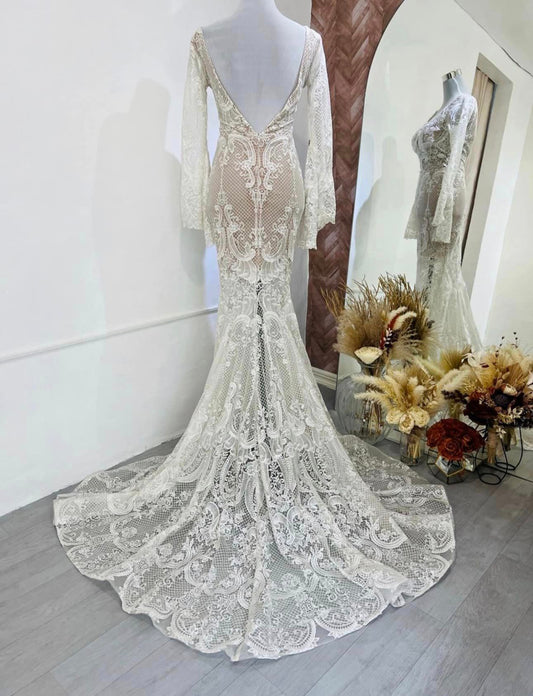C2023-LS44T - embroidered beaded lace trumpet long sleeve wedding gown