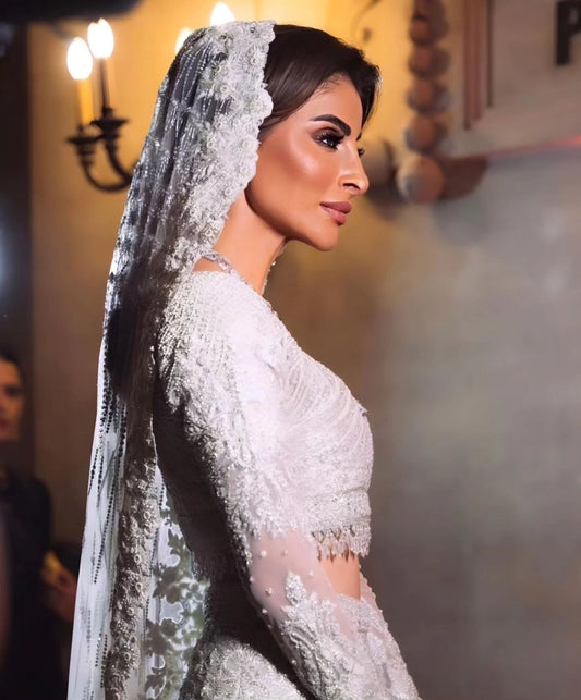 C2023-LS2V9 - Embellished embroidery Long sleeve two piece wedding gown ensemble with veil