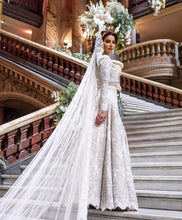 C2023-LS2V9 - Conjunto de vestido de novia de dos piezas de manga larga con bordado adornado y velo