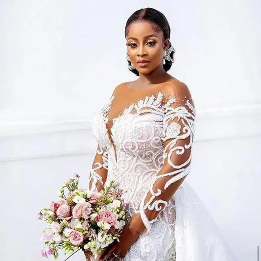 C2024-LSB78 - beaded sheer long sleeve wedding gown with illusion neckline and detachable train