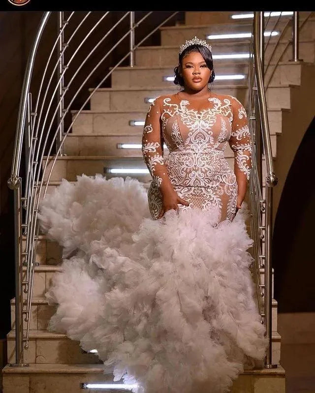 C2024-PLS8 - Plus Size fit-to-flare embroidered wedding dress with sheer long sleeves and illusion neckline