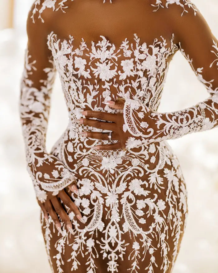 C2023-NLS2k - Sexy sheer nude long sleeve embroidered wedding gown Darius Couture C2023-NLS2k - Sexy sheer nude long sleeve embroidered wedding gown Darius Couture