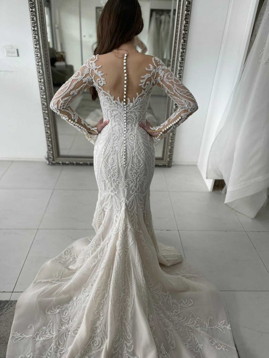 C2023-LSB770S - sheer long sleeve beaded designer wedding gown with cathedral train
