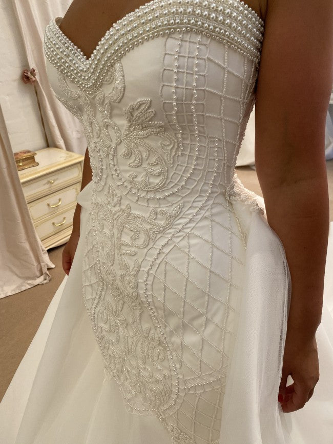 C2023-SP775 strapless fit-and-flare pearl embroidered wedding gown