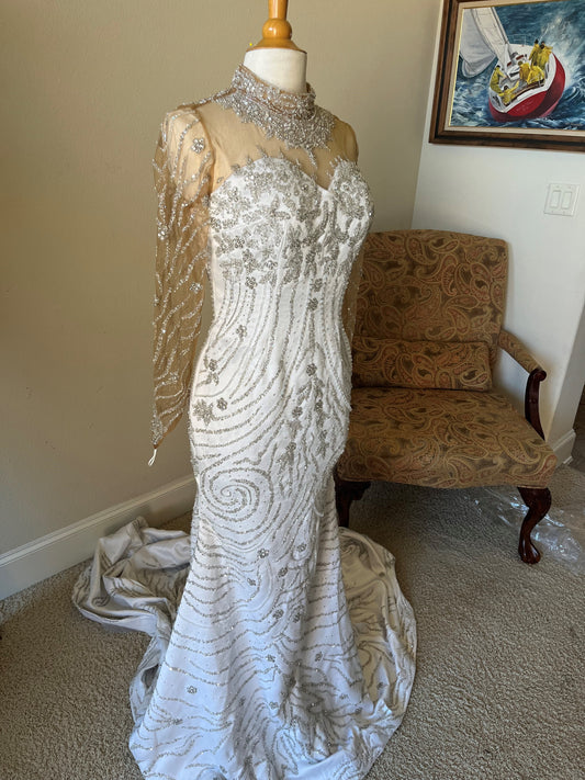 C2025-Berline - crystal beaded fitted wedding gown with long sleeves