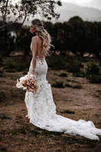 C2023-VF40 vestido de novia sexy sin mangas con cuello en V y motivo floral en 3D con cola catedral