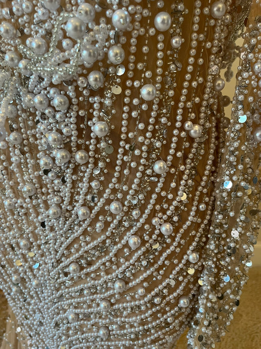 C2024-DChristian - pearl crystal beaded pageant evening gown with long sleeves inspired by Valdrin Sahiti