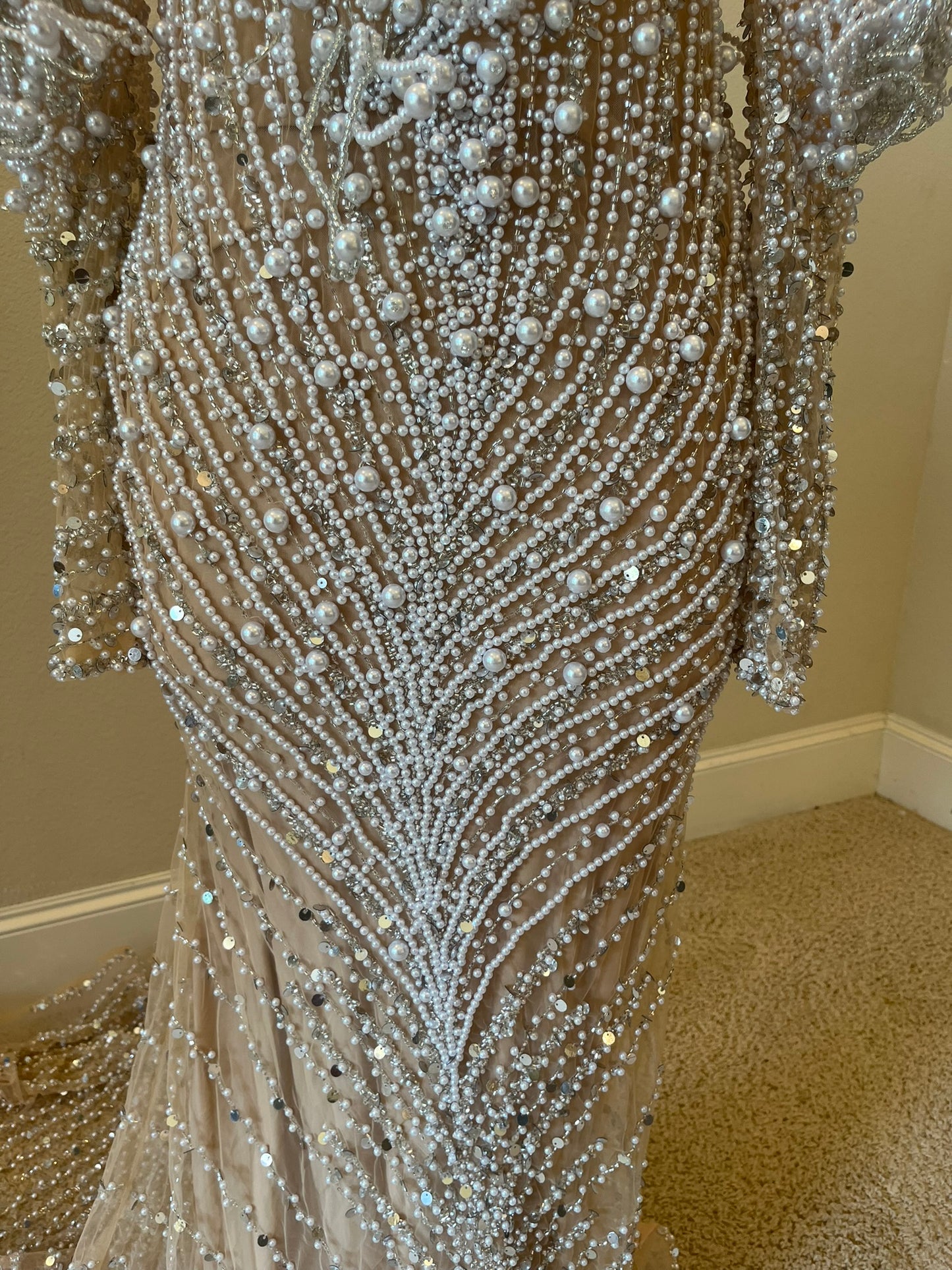 C2024-DChristian - pearl crystal beaded pageant evening gown with long sleeves inspired by Valdrin Sahiti