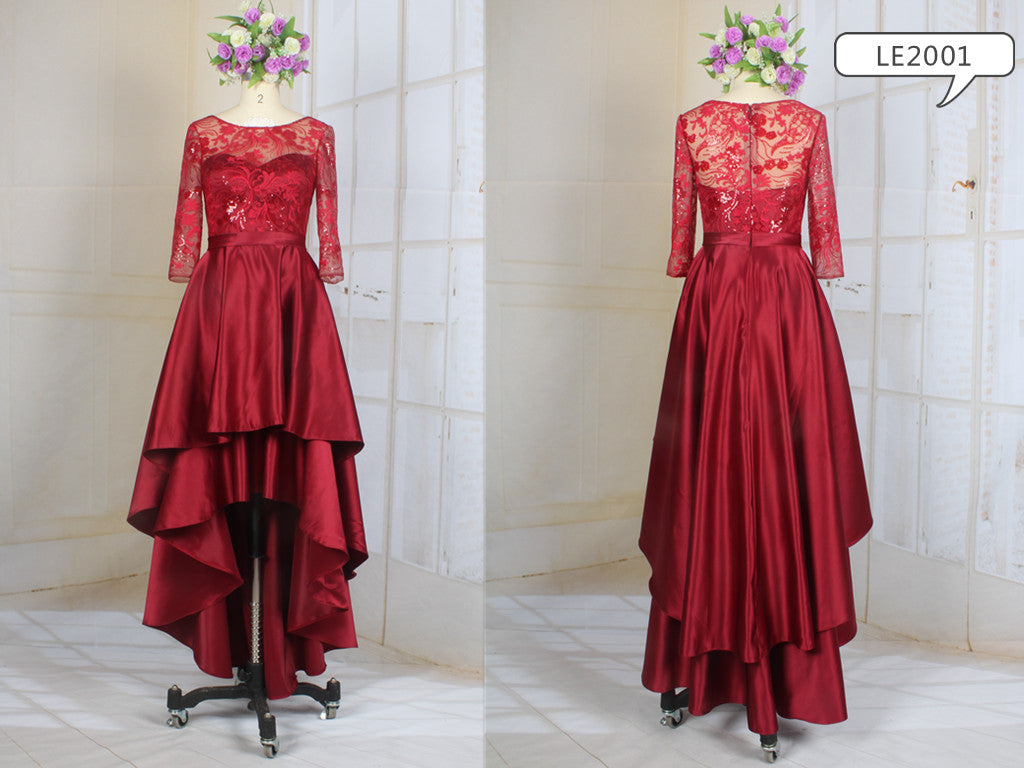 LE2001 - Illusion neckline three quarter sleeve high low mother of the bride dress