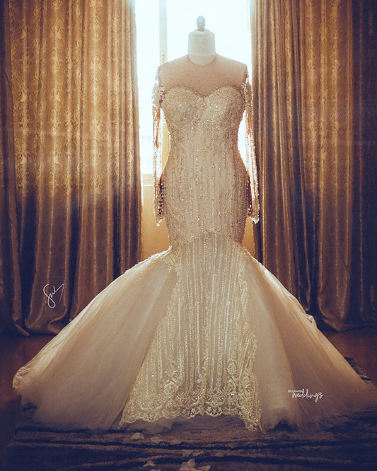 C2019-LSF19 - Sheer long sleeve fit-n-flare wedding gown for plus size bride with illusion neckline