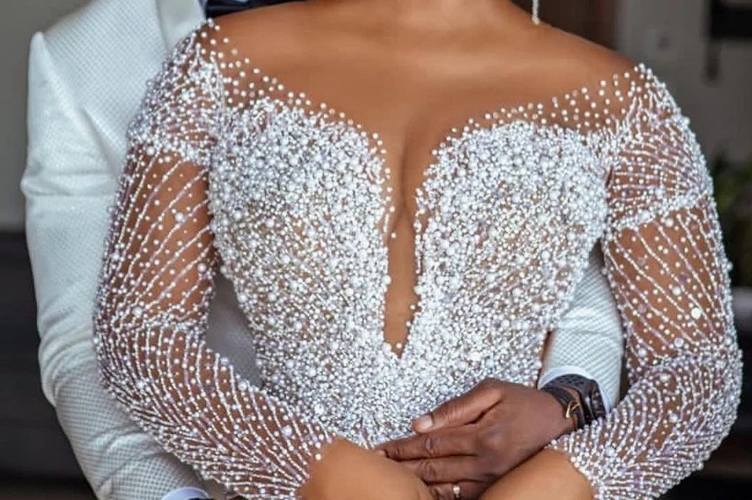 C2022-BB28x - Swarovski Crystal beaded Pageant Gown w Elegant long sleeves