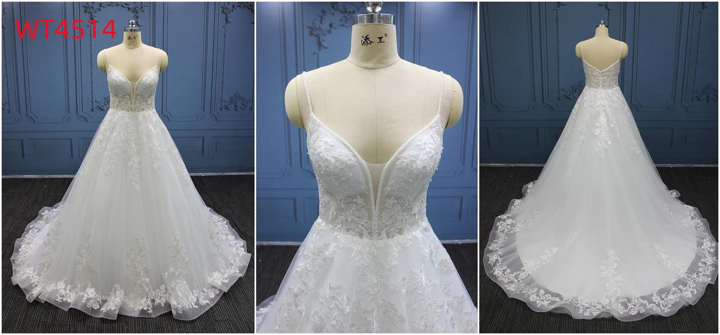 WT4514 fancy lace wedding gown with pearl beaded neckline