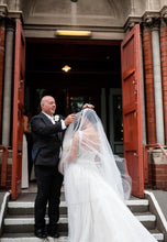 C2024-BA503 - Beaded White fitted wedding gown with detachable train and shoulder straps