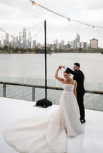 C2024-BA503 - Beaded White fitted wedding gown with detachable train and shoulder straps