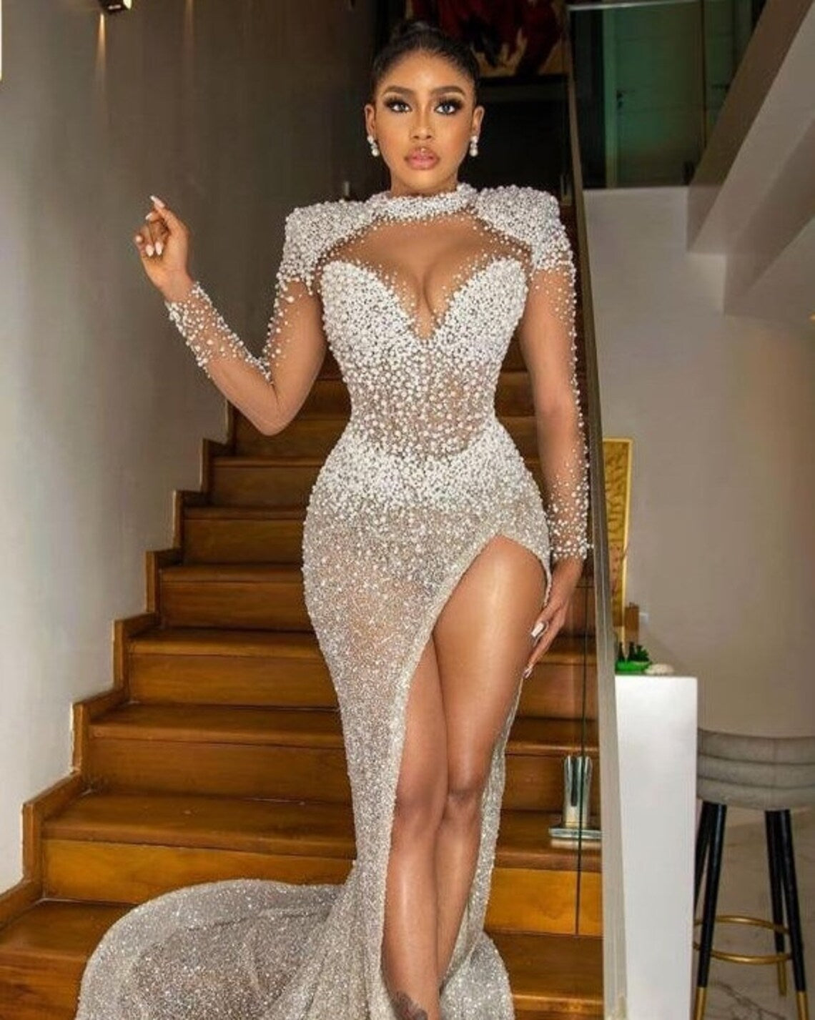 C2023-SLS11H - Sheer long sleeve swarovski crystal beaded evening gown with split