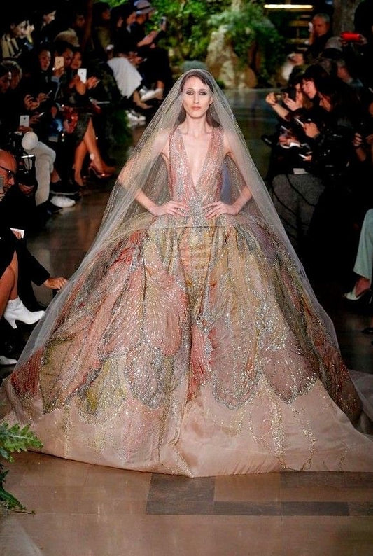 C2023-BG88C - sleeveless scoop neck multi-colored ball gown wedding dress with cathedral train