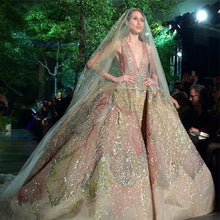 C2023-BG88C - sleeveless scoop neck multi-colored ball gown wedding dress with cathedral train