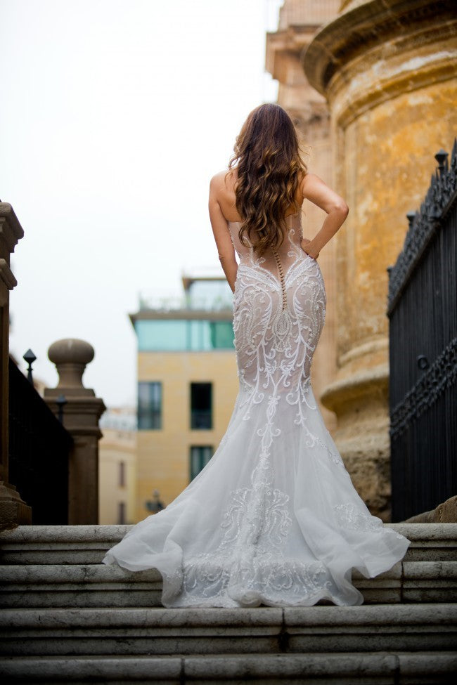 C2021-SE - strapless fit-to-flare wedding gown with beaded embroidery