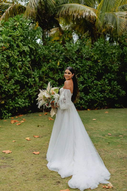 C2023-SAB11 strapless a-line beaded lace wedding gown with detachable bishop long sleeves