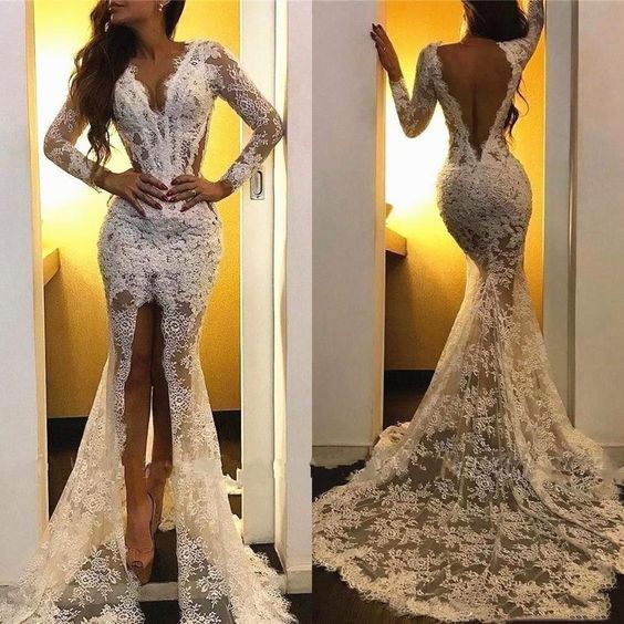 C2022-LSS003 - Vestido de novia sexy de manga larga de alta costura