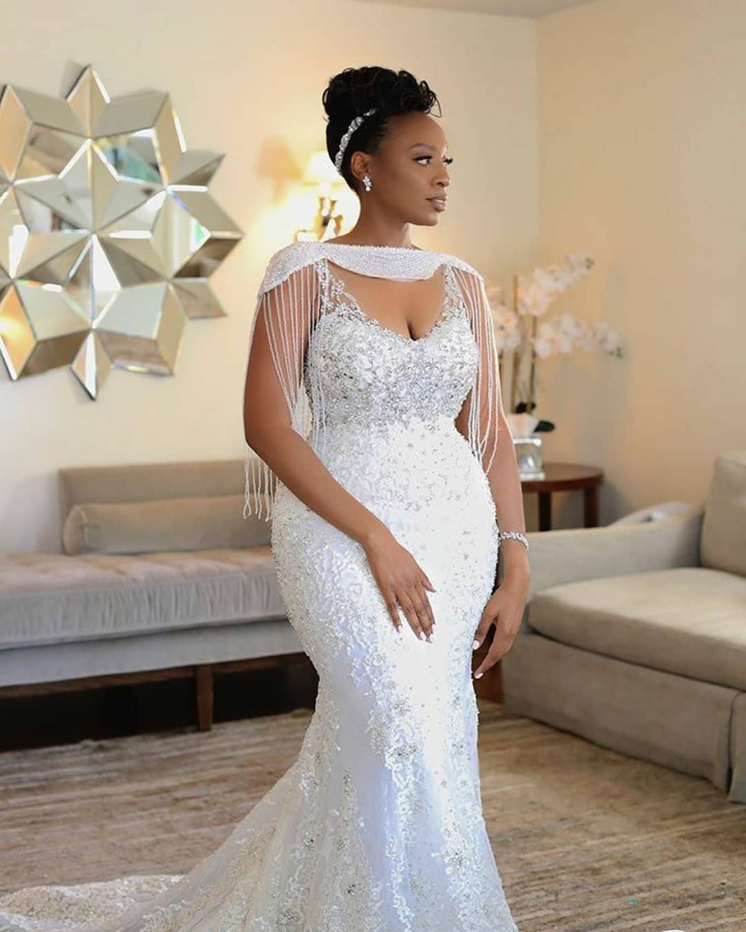 C2023-NB88 - Cap Sleeve Fit-to-Flare beaded plus size wedding gown