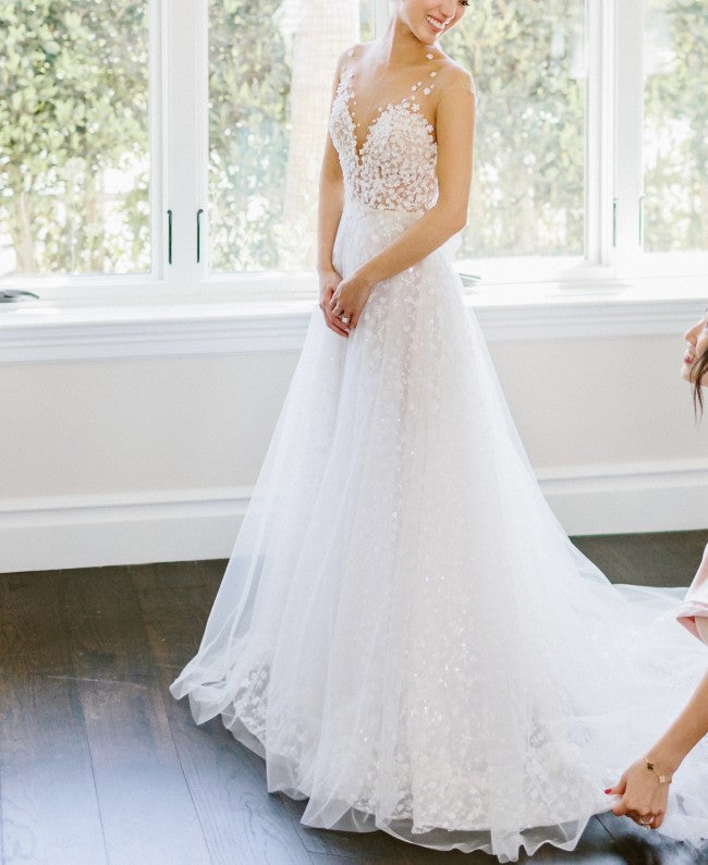 C2022-FS011 - sleeveless illusion neckline 3D flower detail wedding dress