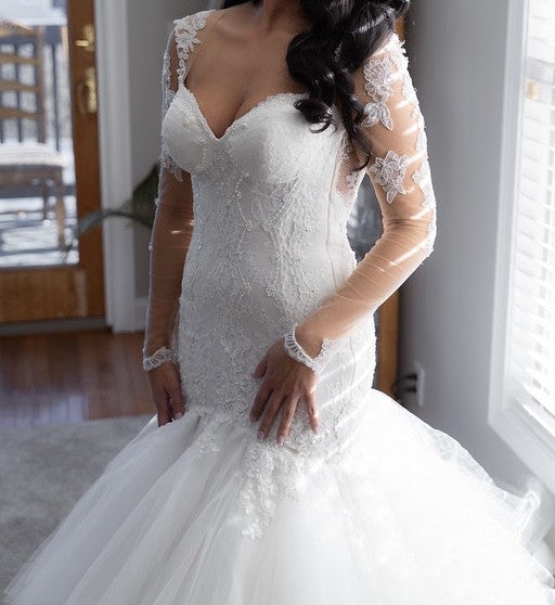 C2022-BLS81 - Robe de mariée transparente, dos nu, manches longues, en dentelle, ajustée à évasée