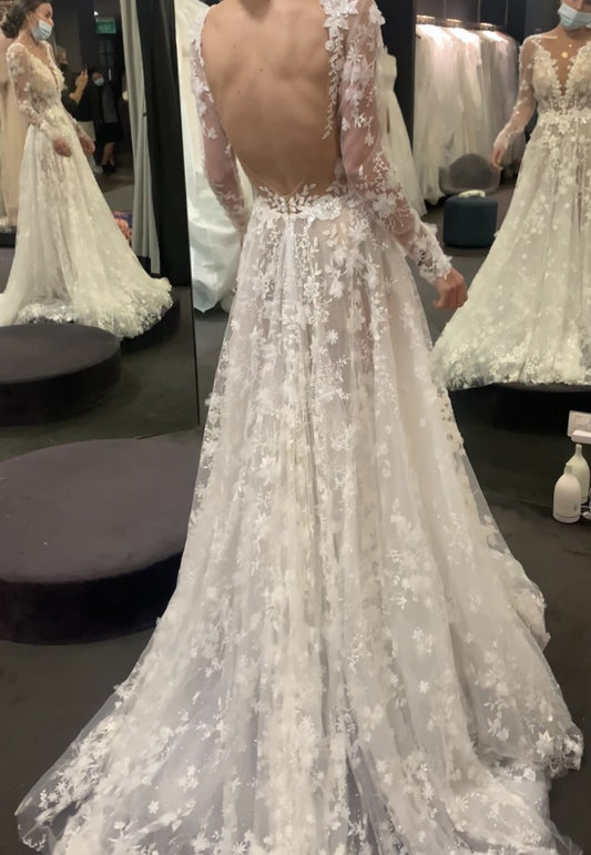 C2022-LSV003 - sheer long sleeve a-line wedding gown with flower motif design