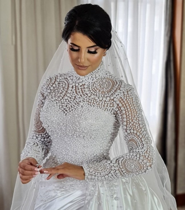 C2022-PLS887 Pearl beaded long sleeve modest wedding gown with detacha –  Darius Couture